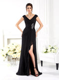 Black Mother of the Bride Dresses with Slit,V-neck Chiffon Mother Dress,MD00065
