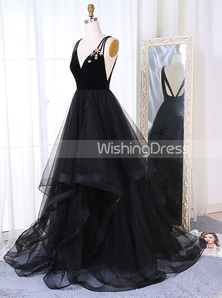 Black Prom Dresses,A-line Tulle Prom Dress,Backless Prom Dress,PD00341