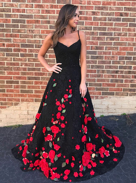 Black Prom Dresses,Lace Prom Dress,Floral Prom Dress,Princess Prom Dre