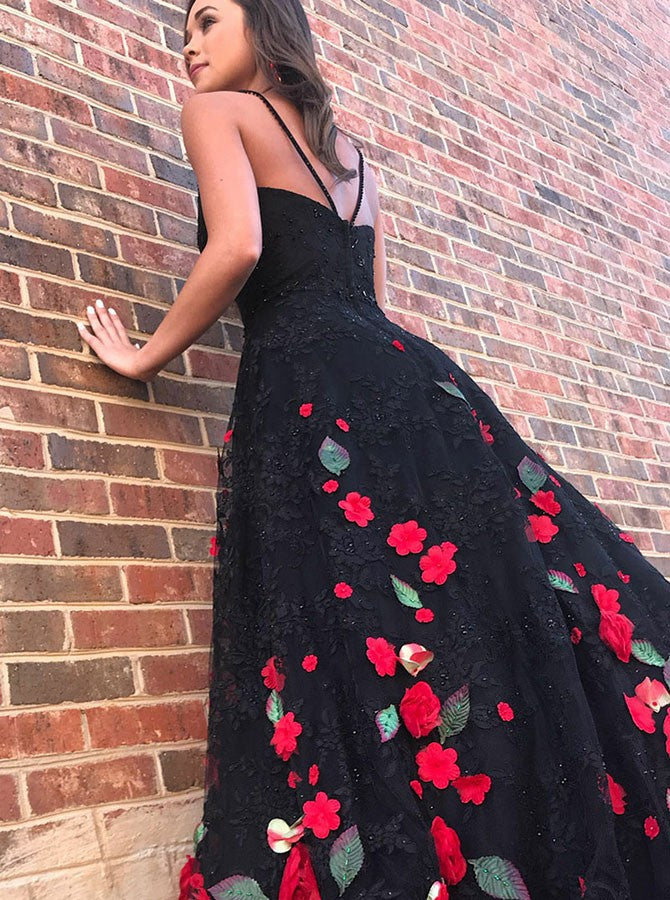 Black Prom Dresses,Lace Prom Dress,Floral Prom Dress,Princess Prom Dre