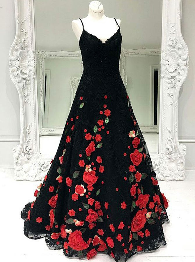 Black Prom Dresses,Lace Prom Dress,Floral Prom Dress,Princess Prom Dre
