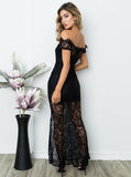 Black Prom Dresses,Lace Prom Dress,Short Sleeves Prom Dress,Prom Dress with Slit,PD00204