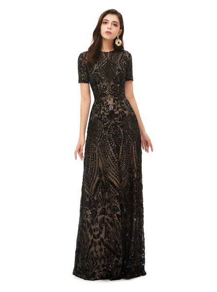 Black Sequined Evening Dress with Short Sleeves,Modest Prom Dress,PD00469