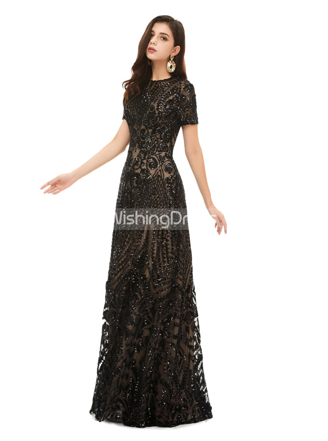 Black Sequined Evening Dress with Short Sleeves,Modest Prom Dress,PD00 - Wishingdress Black Sequined Evening Dress with Short Sleeves,Modest Prom Dress,PD00 - Wishingdress