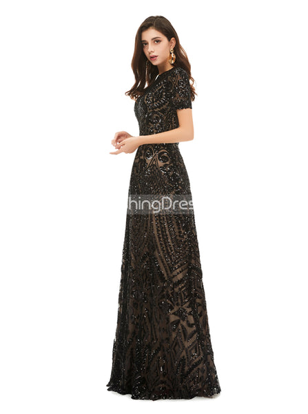 Black Sequined Evening Dress with Short Sleeves,Modest Prom Dress,PD00469