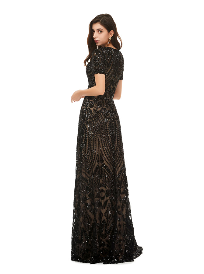 Black Sequined Evening Dress with Short Sleeves,Modest Prom Dress,PD00 - Wishingdress Black Sequined Evening Dress with Short Sleeves,Modest Prom Dress,PD00 - Wishingdress