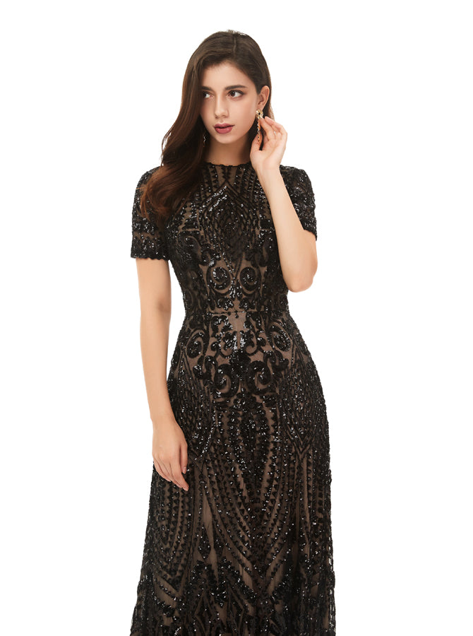 Black Sequined Evening Dress with Short Sleeves,Modest Prom Dress,PD00469, US8 / Black Black Sequined Evening Dress with Short Sleeves,Modest Prom Dress,PD00469, US8 / Black