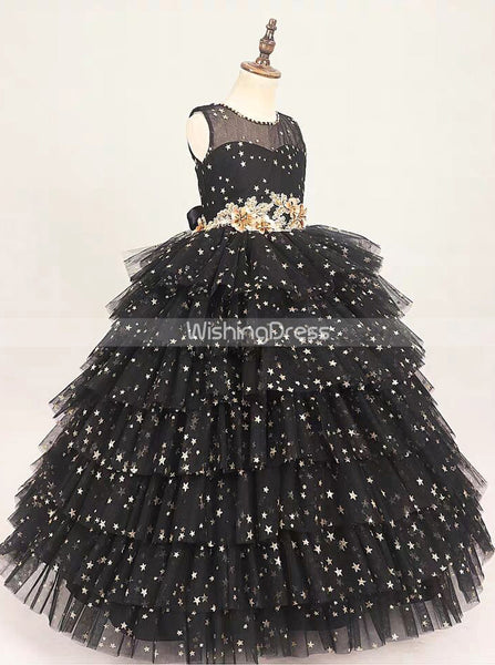 Black Sequined Little Girl Party Gown,Junior Girls Prom Gown,GPD0036