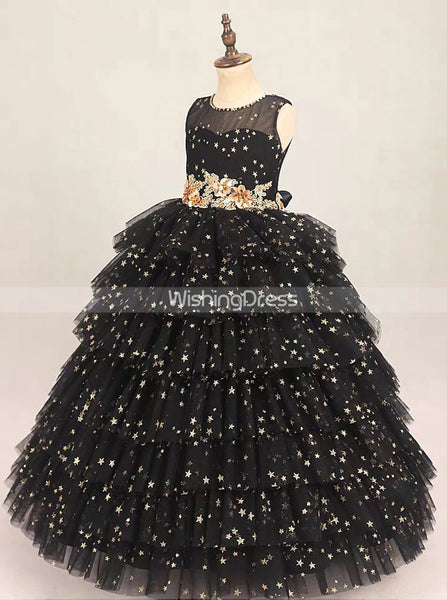 Black Sequined Little Girl Party Gown,Junior Girls Prom Gown,GPD0036