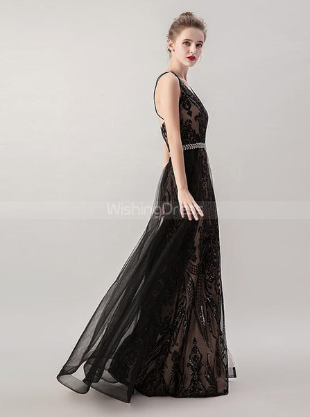 Black Sequined Prom Dress,Mermaid Prom Dress with Overskirt,PD00446