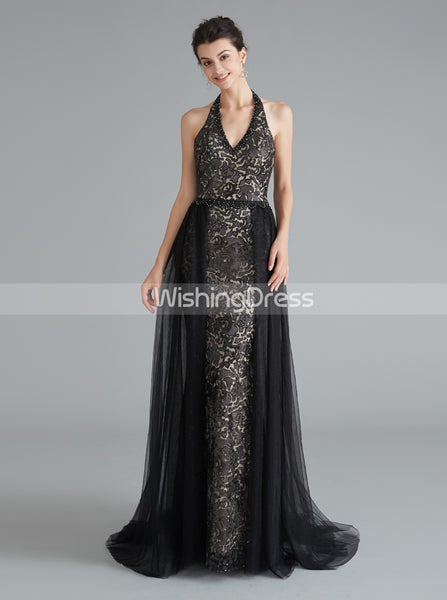 Black Sheath Evening Dress with Tulle Overskirt,Halter Prom Dresses,Fitted Homecoming Dress,HC00199