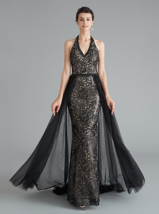 Black Sheath Evening Dress with Tulle Overskirt,Halter Prom Dresses,Fi