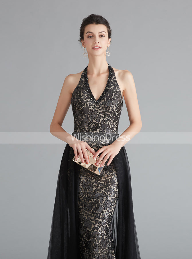 Black Sheath Evening Dress with Tulle Overskirt,Halter Prom Dresses,Fi - Wishingdress Black Sheath Evening Dress with Tulle Overskirt,Halter Prom Dresses,Fi - Wishingdress