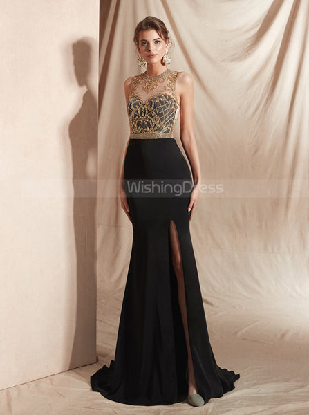 Black Spandex Prom Dresses,Evening Dress with Slit,PD00414