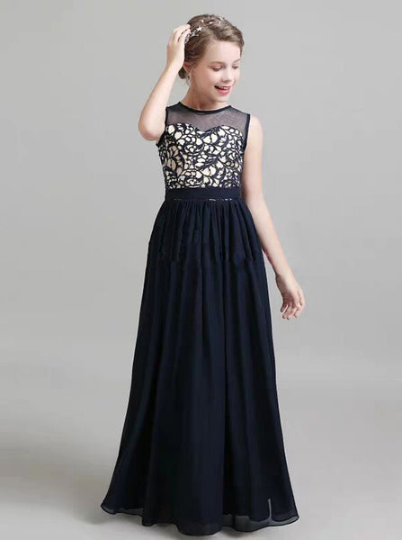 Dark Navy Summer Junior Bridesmaid Dress,Chiffon Long Junior Bridesmaid Dress,JB00058