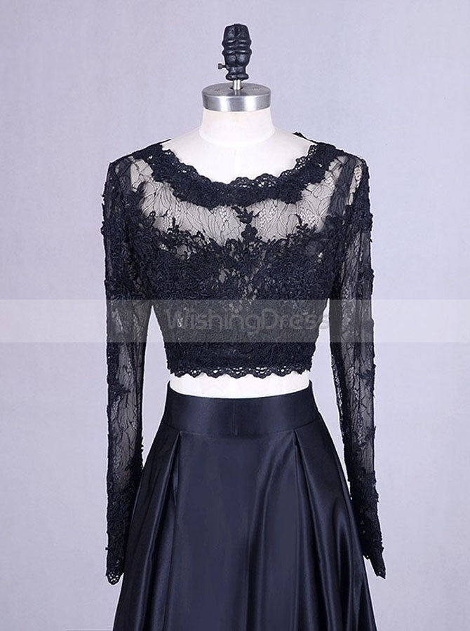 black lace long sleeve two piece prom dress Black Fashion Long Sleeved Lace Two Piece Prom Formal Dress
