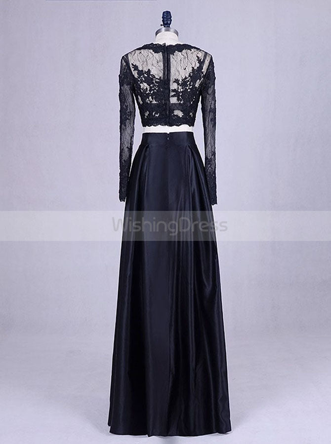 Black Two Piece Prom Dress,Lace Satin Prom Dress,Vogue Prom Dress with - Wishingdress Black Two Piece Prom Dress,Lace Satin Prom Dress,Vogue Prom Dress with - Wishingdress
