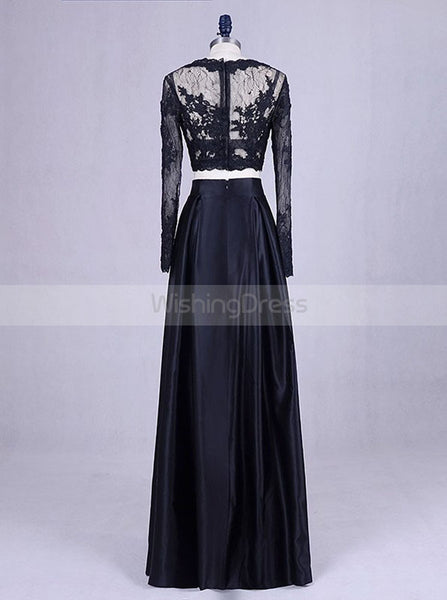 Black Two Piece Prom Dress,Lace Satin Prom Dress,Vogue Prom Dress with Long Sleeves PD00032