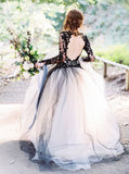 Black Wedding Gown,Ball Gown Wedding Dresses,Wedding Dress with Sleeves,Tulle Bridal Gown,WD00072