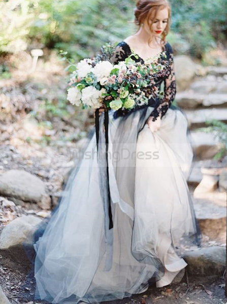 Black Wedding Gown,Ball Gown Wedding Dresses,Wedding Dress with Sleeves,Tulle Bridal Gown,WD00072