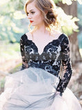 Black Wedding Gown,Ball Gown Wedding Dresses,Wedding Dress with Sleeves,Tulle Bridal Gown,WD00072