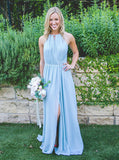 Blue Bridesmaid Dress,Chiffon Bridesmaid Dress with Slit,Full Length Bridesmaid Dress,BD00136