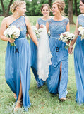 Blue Bridesmaid Dress,Mismatched Bridesmaid Dress,Long Bridesmaid Dress with Slit,BD00162