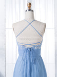 Blue Halter Bridesmaid Dress,Tulle Bridesmaid Dress,Long Bridesmaid Dress,BD00152