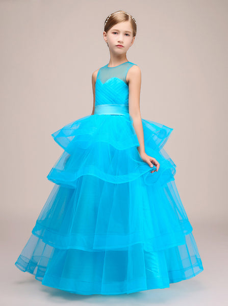 Blue Junior Party Dresses,Junior Bridesmaid Dresses,Ruffled Flower Girl Dress,JB00031