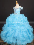 Blue Little Girls Pageant Dresses,Ruffled Ball Gown Party Dresses for Teens,GPD0030