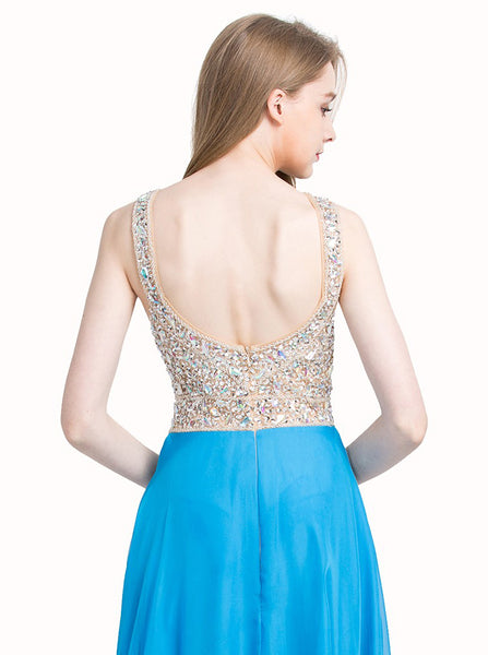 Blue Prom Dresses,Chiffon Prom Dress,Beaded Prom Dress,Sparkly Prom Dress,PD00206