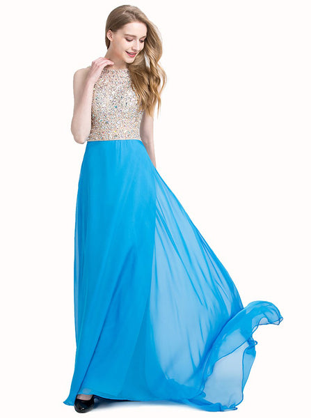 Blue Prom Dresses,Chiffon Prom Dress,Beaded Prom Dress,Sparkly Prom Dress,PD00206