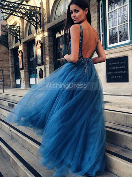 Blue Tulle Prom Dress,Princess Long Evening Dress,PD00445