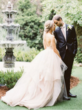 Blushing Pink Tulle Wedding Gown,Ruffled Bridal Gown with Straps,WD00337