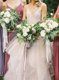 Blushing Pink Tulle Wedding Gown,Ruffled Bridal Gown with Straps,WD00337