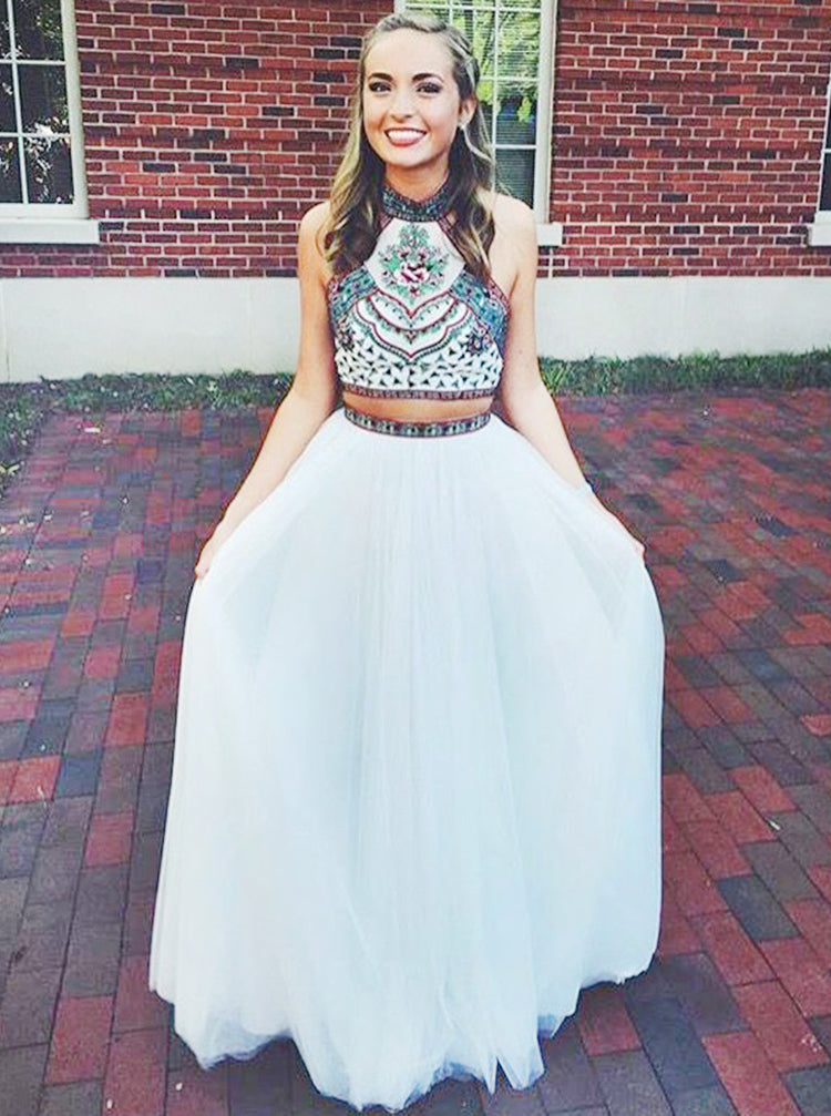 Boho Prom Dresses,Two Piece Prom Dress,Halter Prom Dress,Floor Length