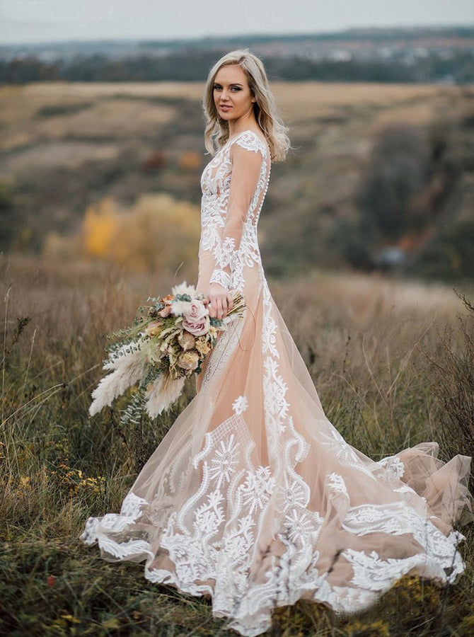 Boho Wedding Dress,Long Sleeves Wedding Dresses,Outdoor Wedding Dress, -  Wishingdress