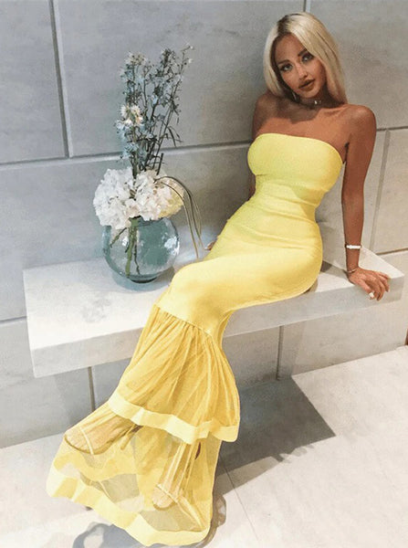 Strapless Yellow Sheath Prom Dress with Sheer Skirt,PD00484