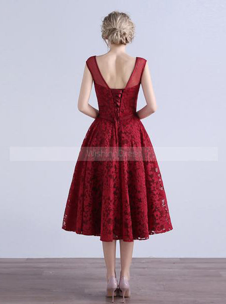 Burgundy A-line Prom Dress,Lace Tea Length Homecoming Dress,Vintage Prom Dress PD00029