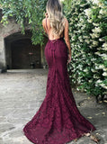 Burgundy Backless Lace Evening Dress,Prom Dress with Train,V Neck Sexy Evening Dress Summer PD00153
