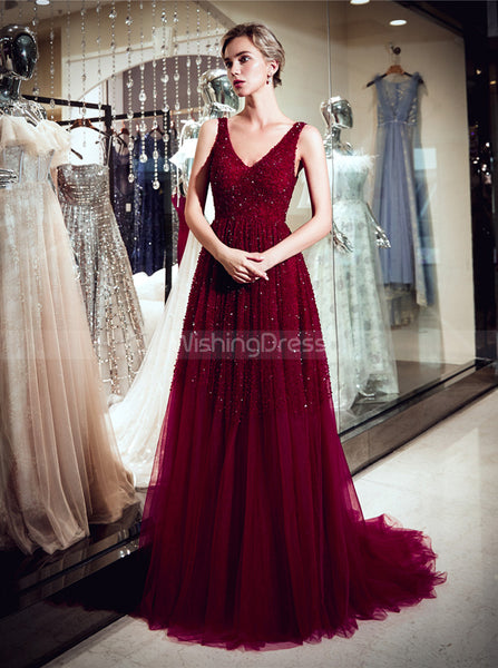 Burgundy Beaded Evening Dresses,Tulle Sparkly Prom Dress,PD00383
