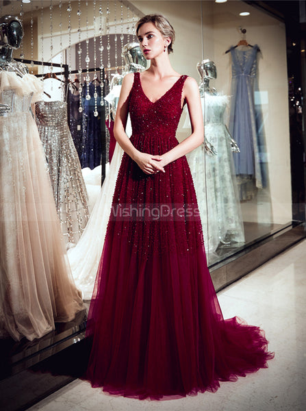 Burgundy Beaded Evening Dresses,Tulle Sparkly Prom Dress,PD00383