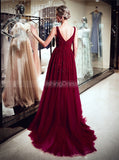Burgundy Beaded Evening Dresses,Tulle Sparkly Prom Dress,PD00383