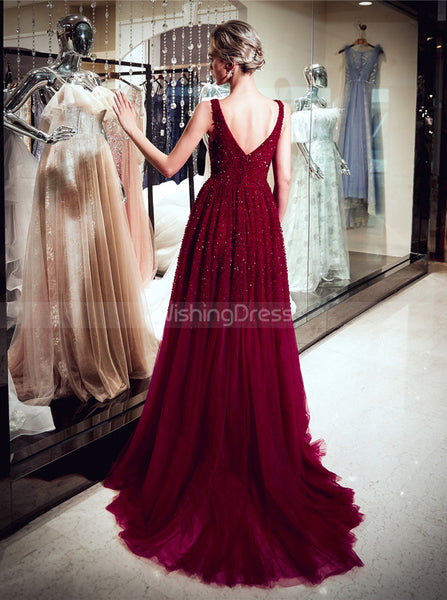 Burgundy Beaded Evening Dresses,Tulle Sparkly Prom Dress,PD00383