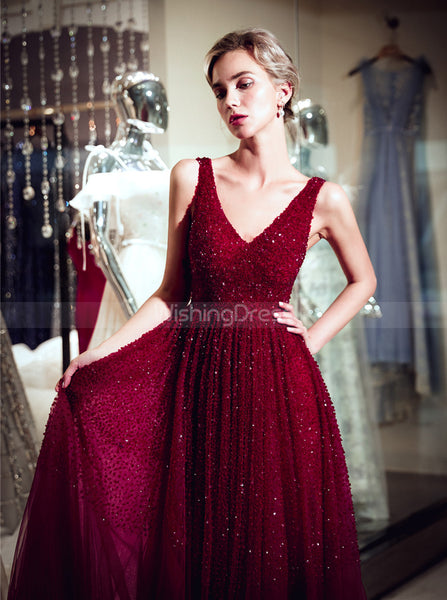 Burgundy Beaded Evening Dresses,Tulle Sparkly Prom Dress,PD00383