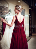 Burgundy Beaded Evening Dresses,Tulle Sparkly Prom Dress,PD00383