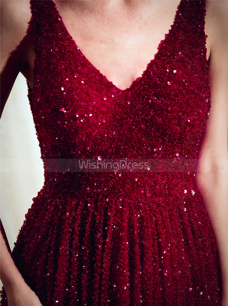 Burgundy Beaded Evening Dresses,Tulle Sparkly Prom Dress,PD00383