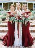 Burgundy Bridesmaid Dress,Mermaid Bridesmaid Dress,Off the Shoulder Bridesmaid Dress,BD00069