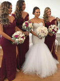 Burgundy Bridesmaid Dress,Off the Shoulder Bridesmaid Dress,Lace bridesmaid Dress with Slit,BD00067
