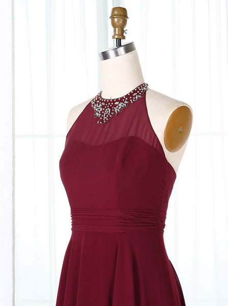 Burgundy Bridesmaid Dresses,Halter Bridesmaid Dress,Chiffon Bridesmaid Dress with Train,BD00201